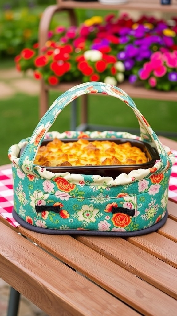 A colorful casserole carrier with handles, holding a baked dish, displayed on a picnic table.